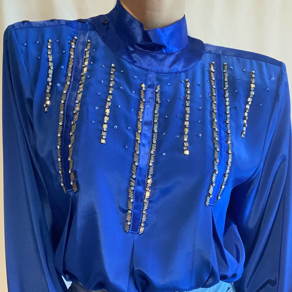 Vintage size 8 Richard Martin blue embellished button front blouse